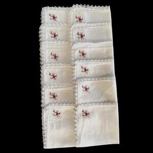 Set of 12 Madeira Linen Napkins White Lace Edge Shadow Appliqué Floral Vintage